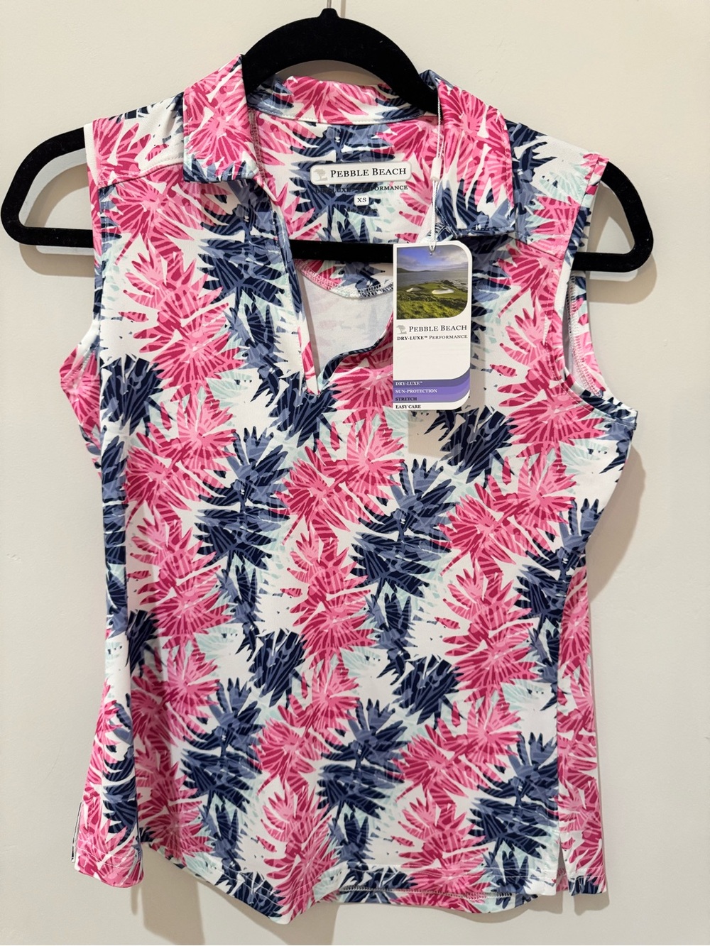 Pebble Beach Pink & Navy Leaf-Print Sleeveless Polo NWT